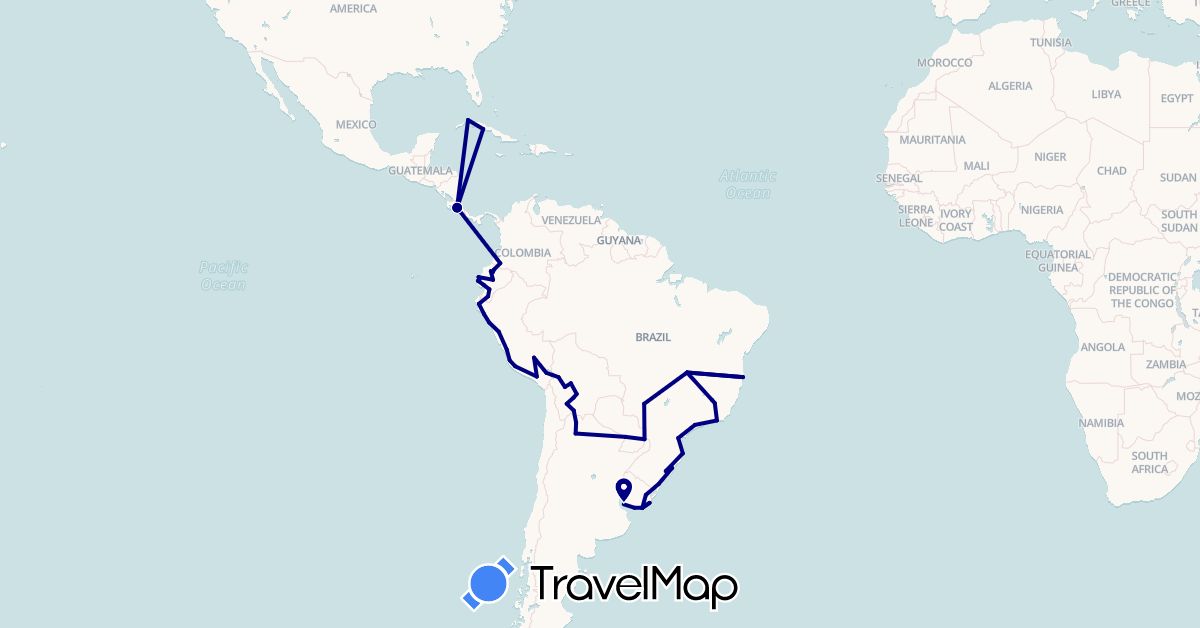 TravelMap itinerary: driving in Argentina, Bolivia, Brazil, Colombia, Costa Rica, Cuba, Ecuador, Peru, Paraguay, Uruguay (North America, South America)